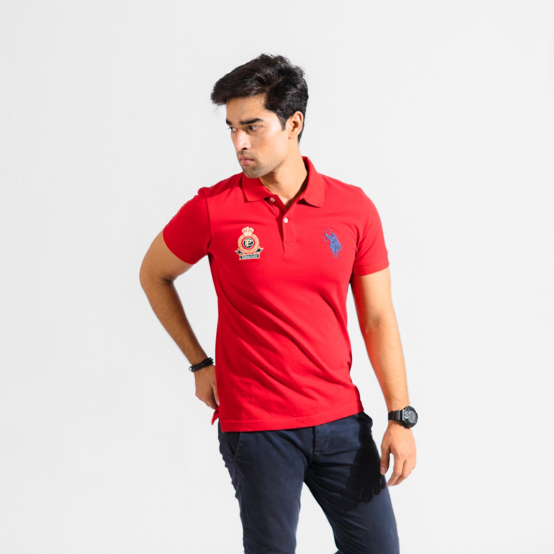 Polo Republica Men's 2 Pony Rider & Crest Embroidered Short Sleeve Polo Shirt Men's Polo Shirt Polo Republica Red S 