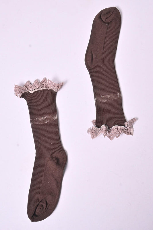 Girl's Lace Style Crew Socks Socks ST Brown EUR 34-38 