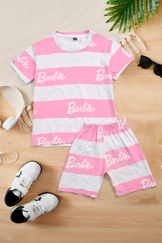 Kid's Barbie Printed Tee Shirt & Shorts Set Girl's suit set HM Garments (Sale Basis) 