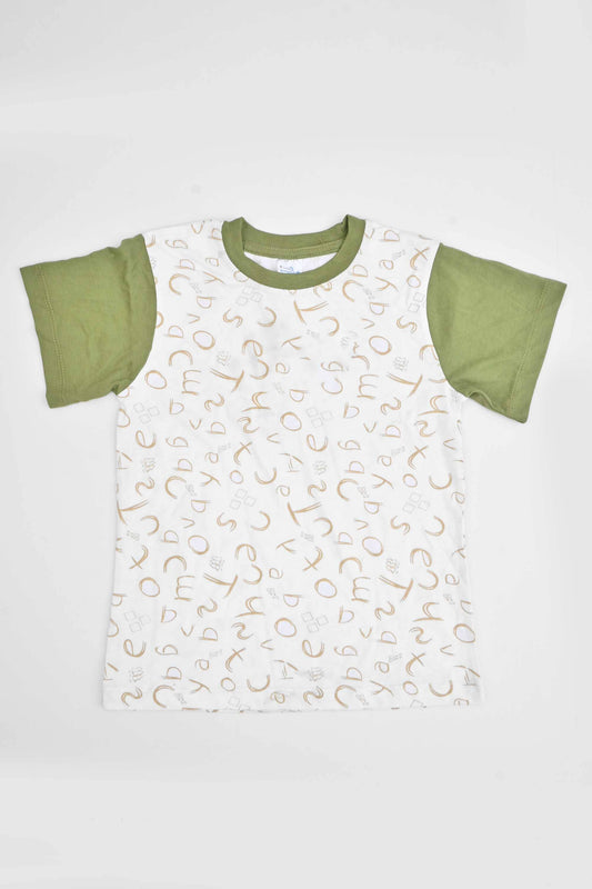 Kid's ABC Printed Crew Neck Contrast Sleeve Tee Shirt Boy's Tee Shirt ST Off White & Sea Green XL 
