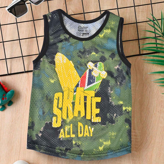 Junior Max 21 Skate All Day Printed Sleeveless Tank Boy's Tee Shirt SZK Bottle Green 3-4 Years 
