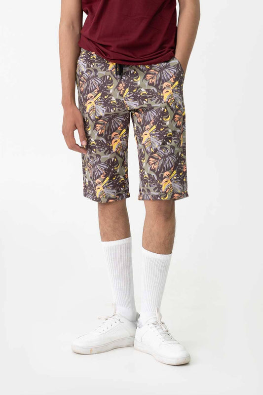 Men's Monstera Leaf Printed Cotton Shorts