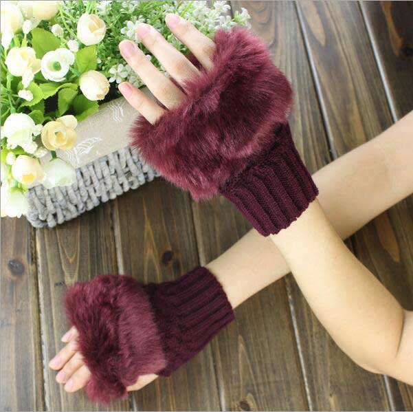 Women's Fingerless Fur Gloves Gloves RAM Maroon 