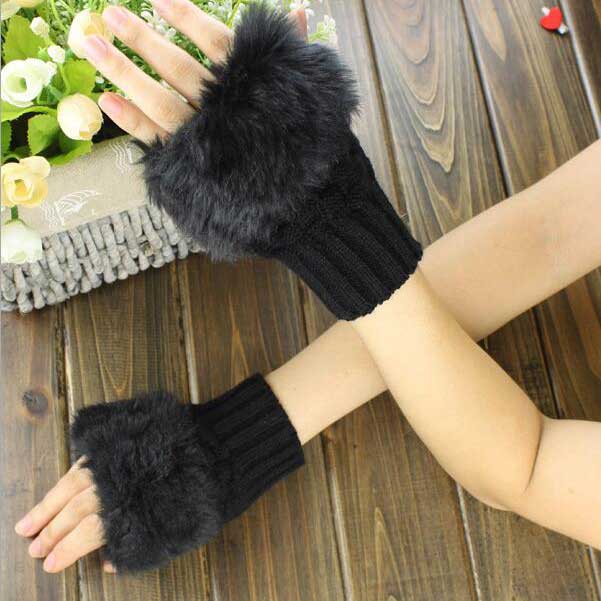 Women's Fingerless Fur Gloves Gloves RAM Black 