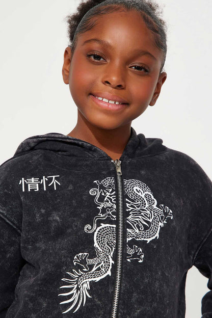 NK Girl's Acid Wash Dragon Zipper Hoodie