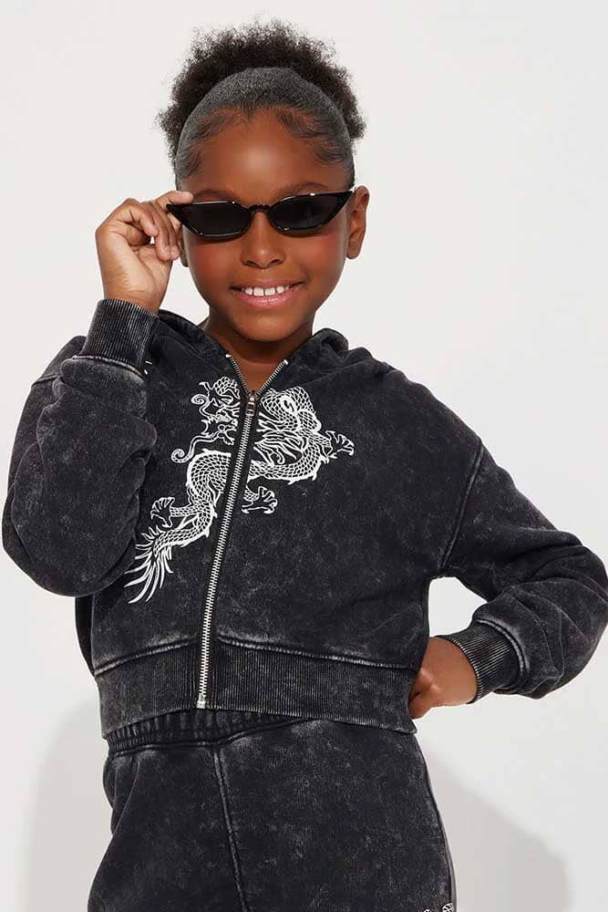 NK Girl's Acid Wash Dragon Zipper Hoodie