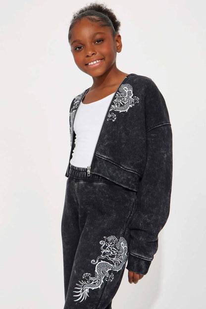 NK Girl's Acid Wash Dragon Zipper Hoodie