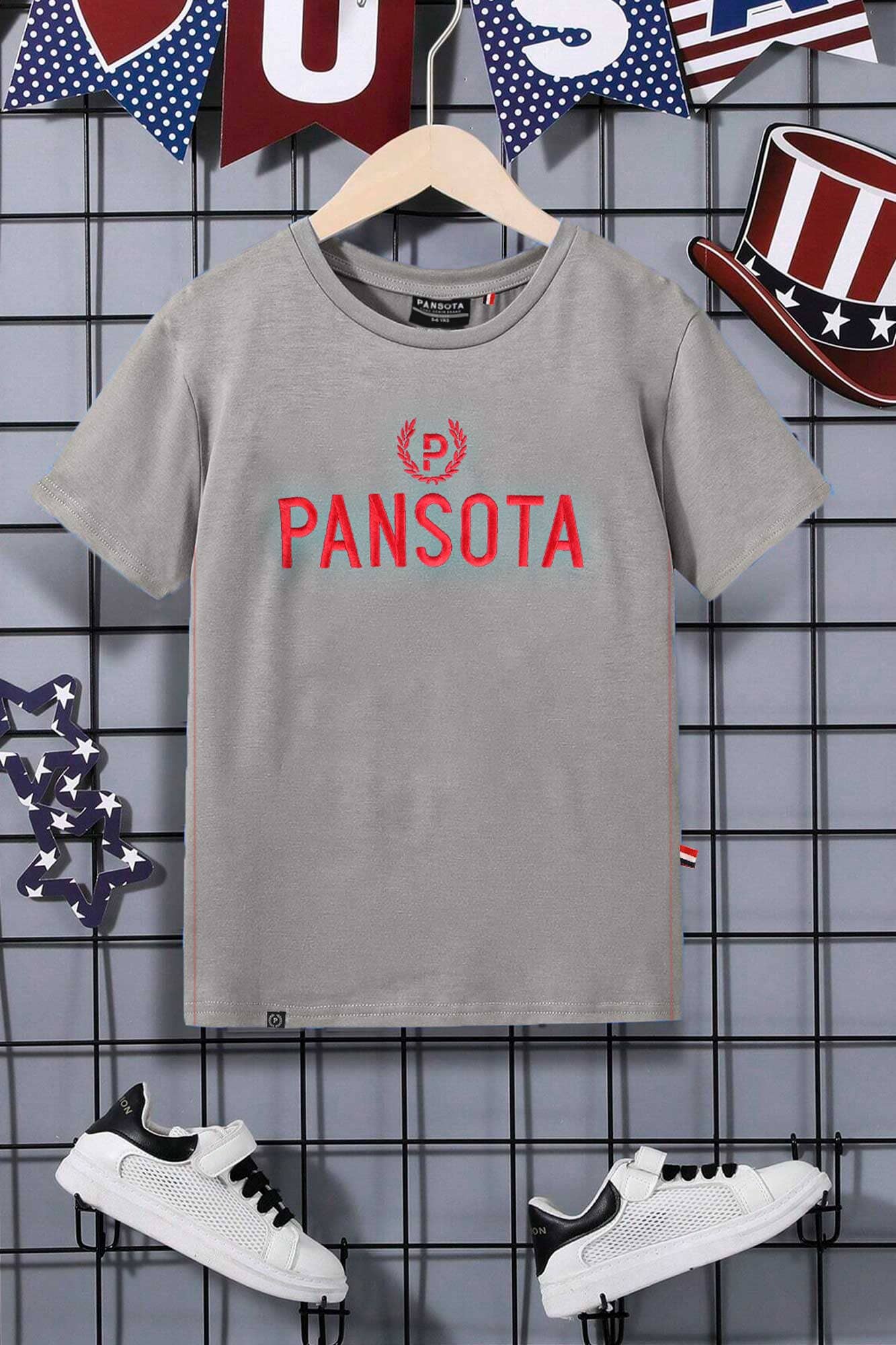 Pansota Boy's Logo Venice Embroidered Short Sleeve Tee Shirt Boy's Tee Shirt LFS Grey & Red 3-4 Years 
