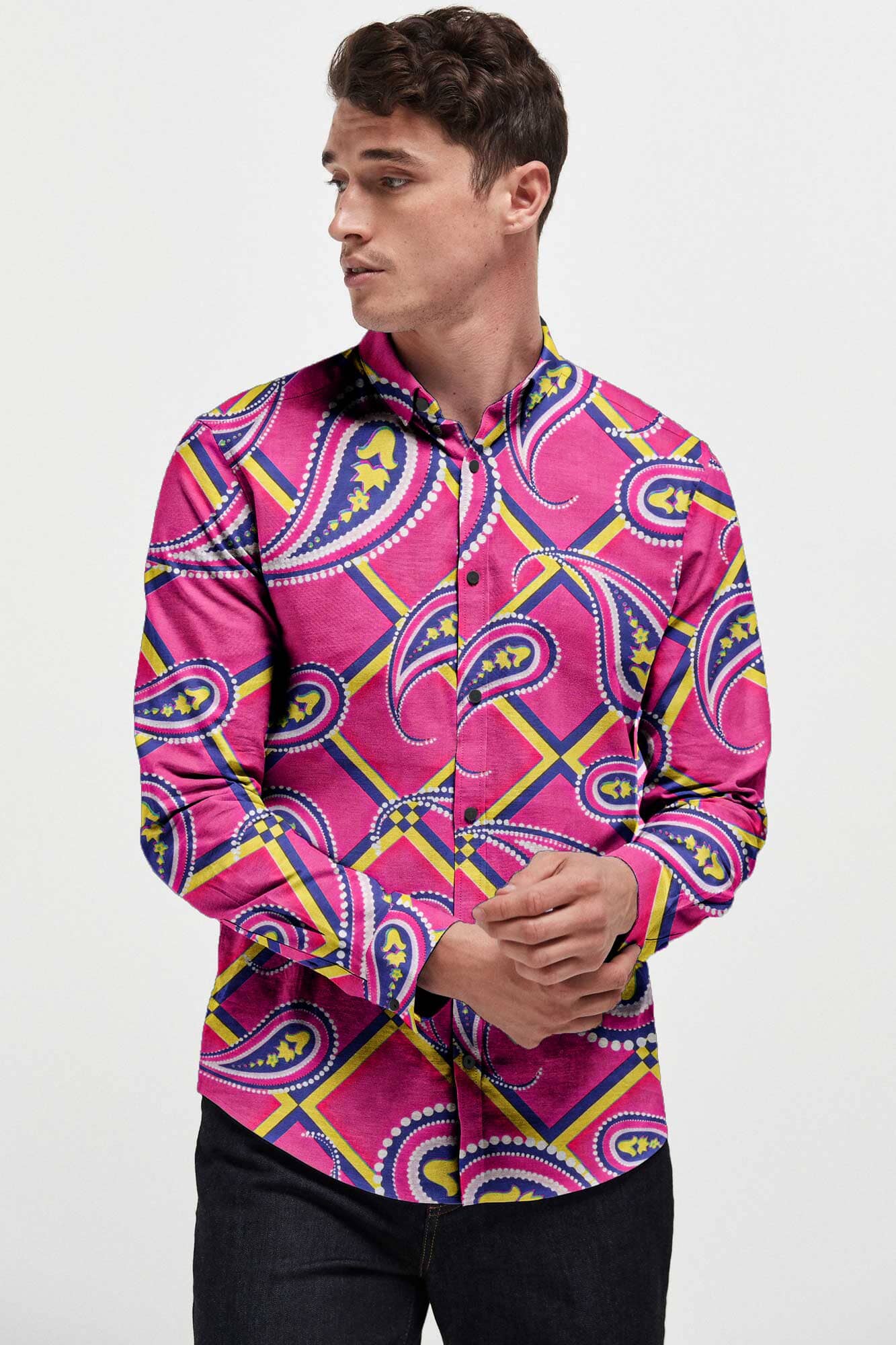 Fashion Men's Merida Printed Design Slim Fit Casual Shirt Men's Casual Shirt First Choice Hot Pink S 