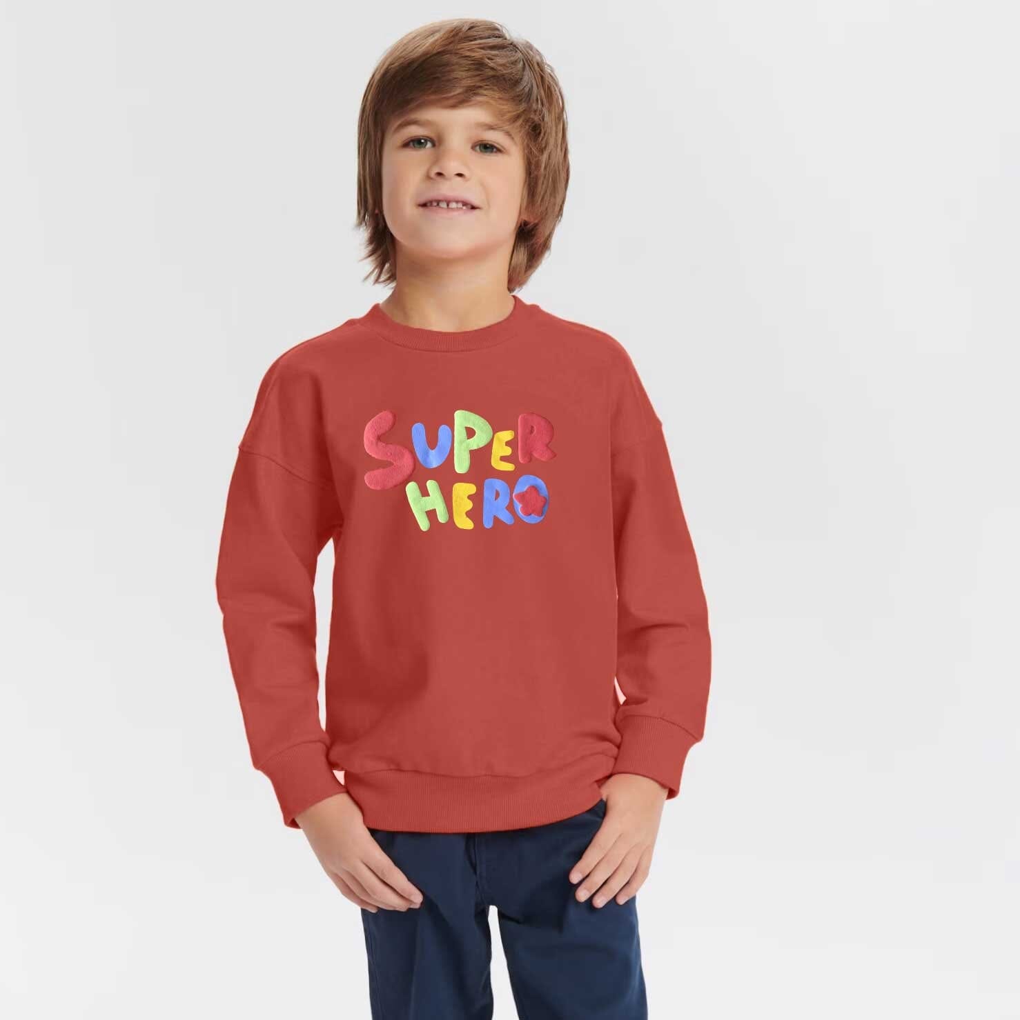 Minoti Kid's Super Hero Printed Fleece Sweat Shirt Kid's Sweat Shirt ZBC Brick Red 1-2 Years 