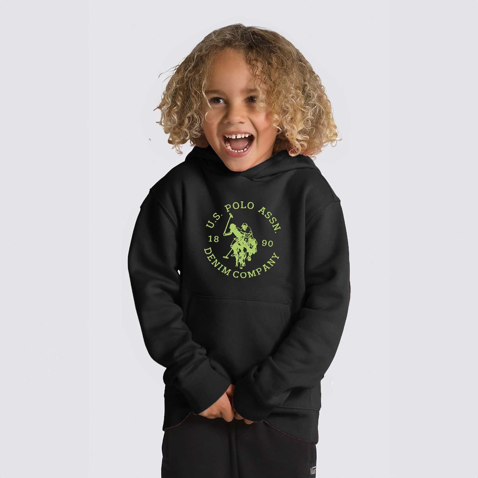 USPA Kid's Logo Printed Long Sleeve Pullover Fleece Hoodie Kid's Pullover Hoodie Fiza Black (XS) 2-3 Years 