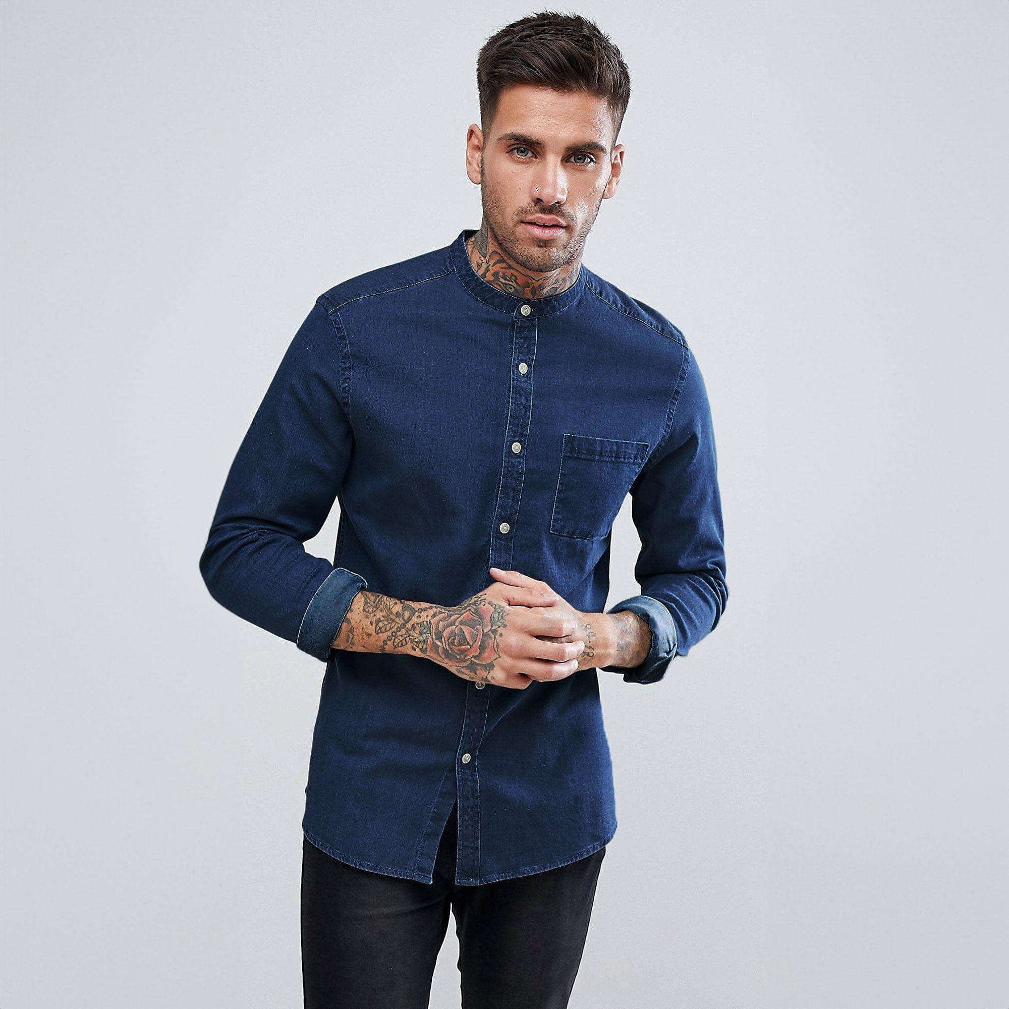 Men Mandarin Collar Cotton Chinese Denim Shirt Pocket Short Sleeve Jean Top  Blue | eBay
