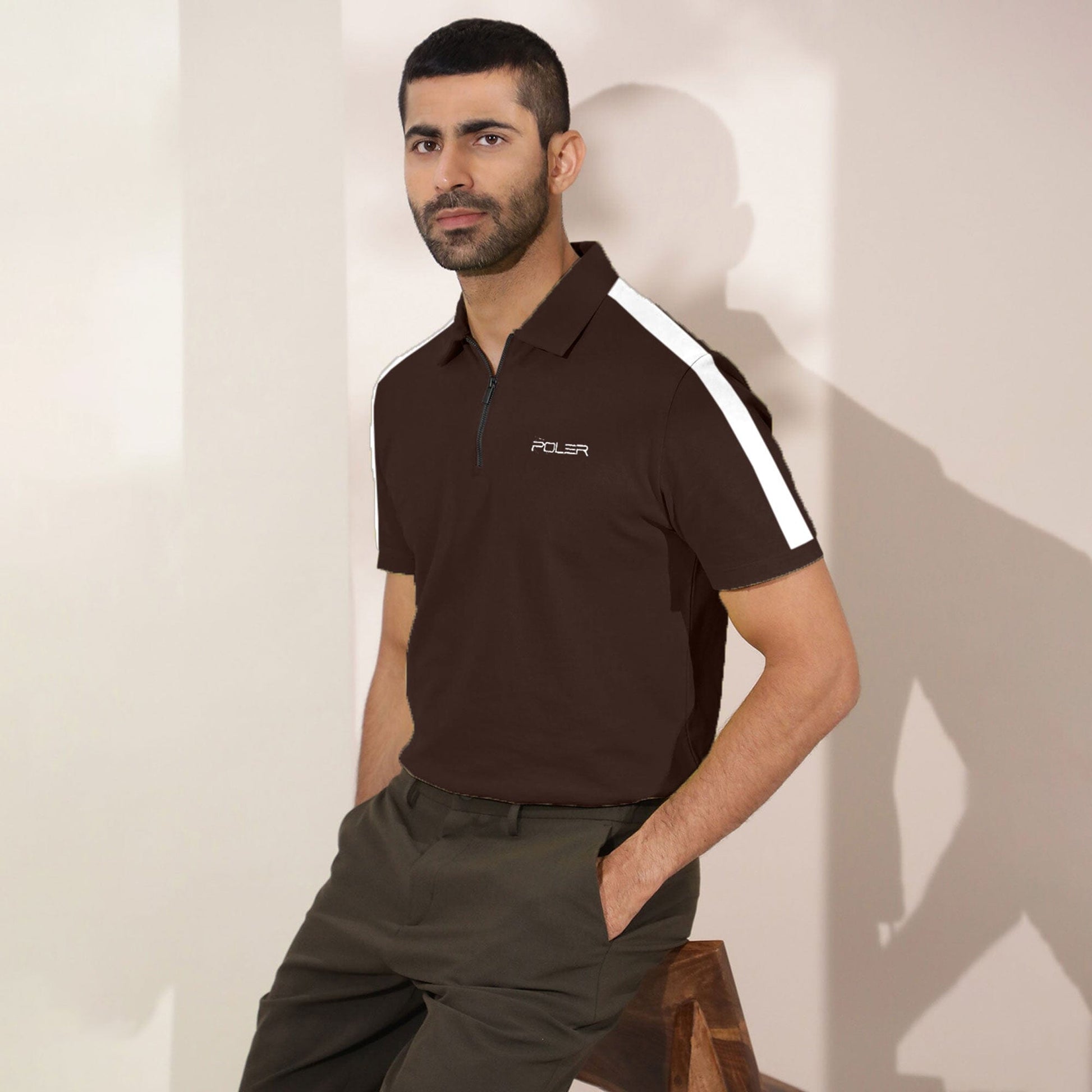 Poler Men's Quarter Zipper Poler Embroidered Polo Shirt Men's Polo Shirt IBT Chocolate S 