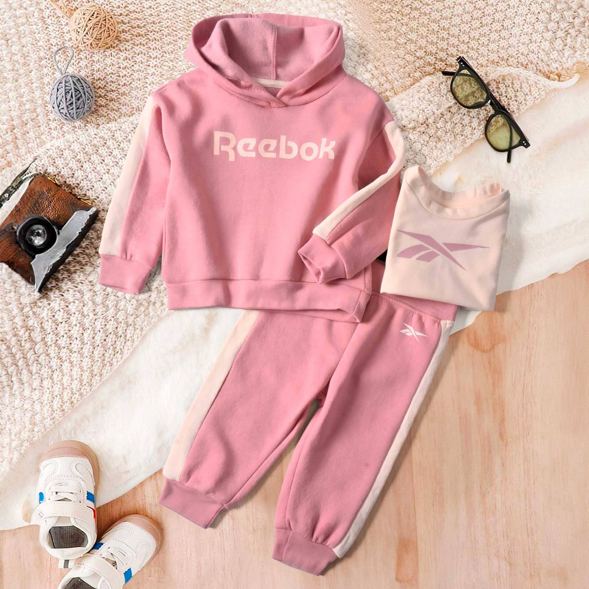 Reebok Kids' Contrast Design Sweat suit Set-3 Pcs Kid's tracksuit Fiza Lilac & Powder Pink 12 Months 