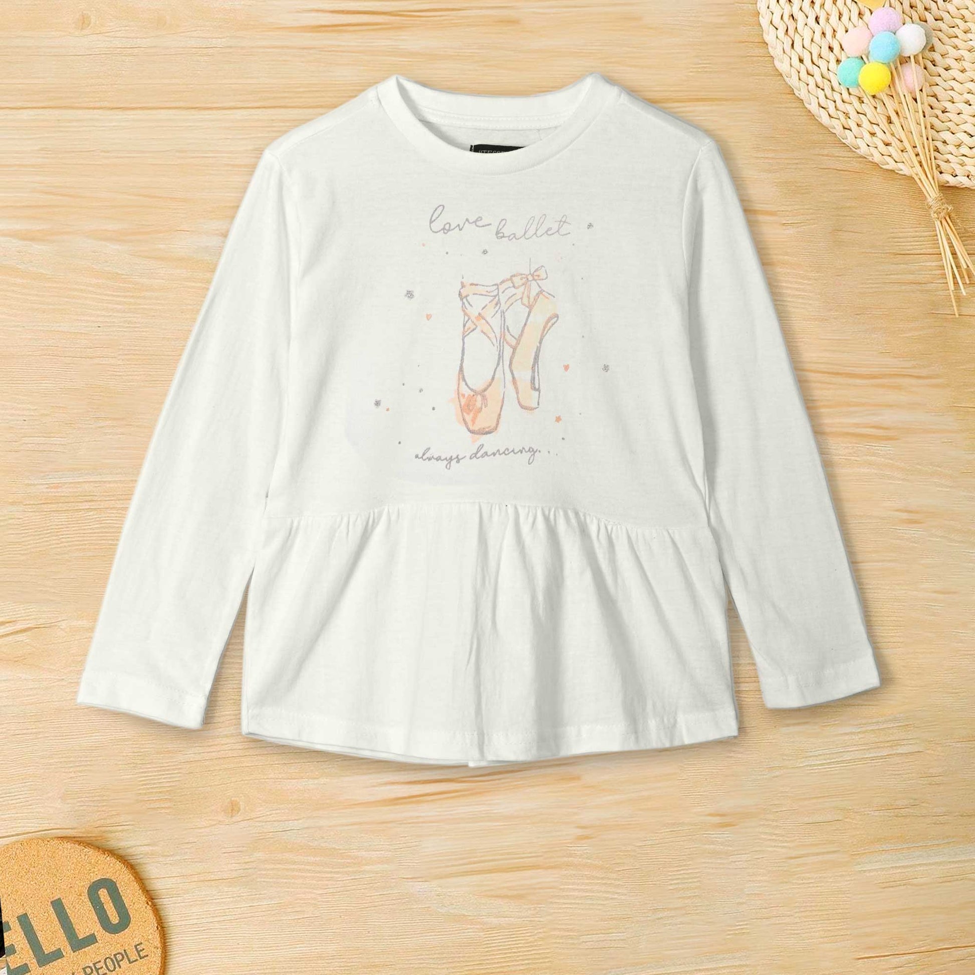 Tessentials Girl's Always Dancing Printed Long Sleeves Frock Style Shirt Girl's Tee Shirt HAS Apparel White 1-2 Years 