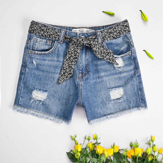 D&Co Girl's Distressed & Belt Style Denim Shorts Girl's Shorts HAS Apparel Blue 2-3 Years 