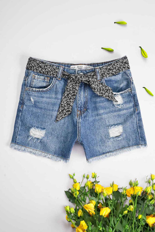 D&Co Girl's Distressed & Belt Style Denim Shorts