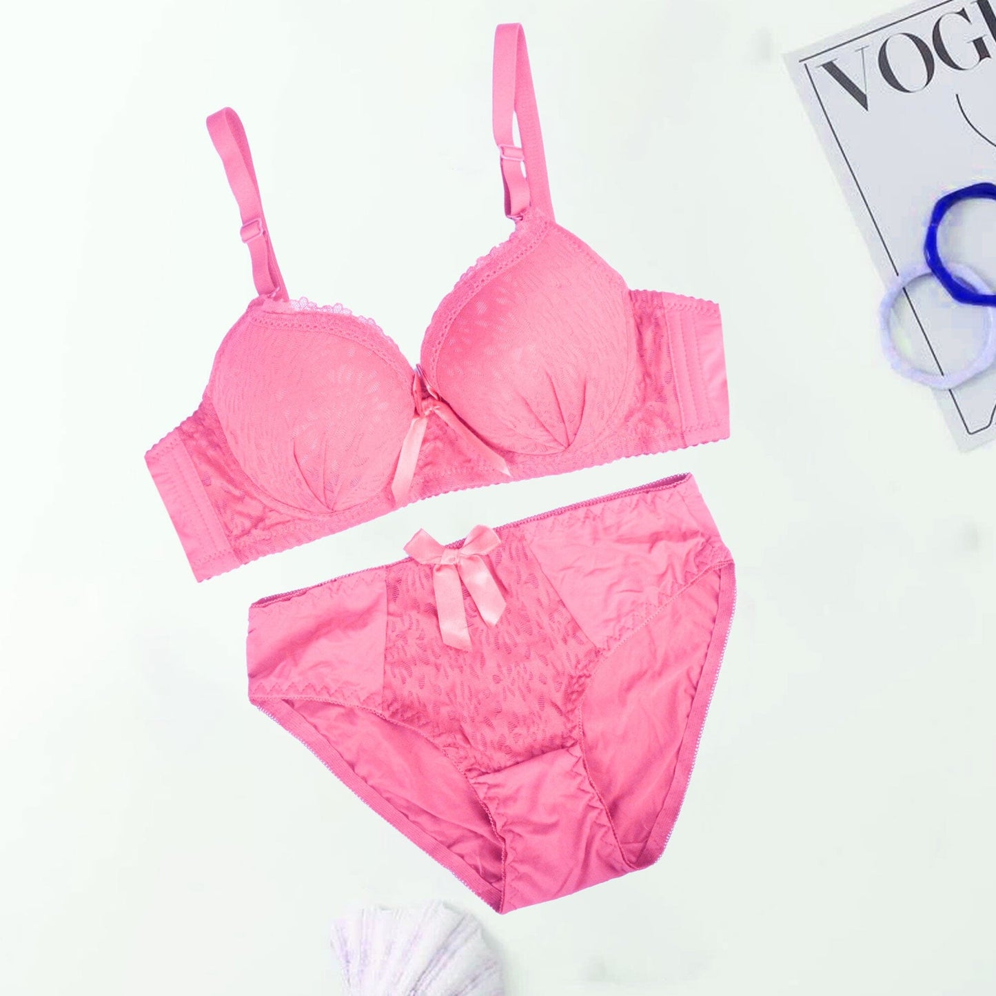 Xuex Women's Wired Design Padded Bra & Pantie Set Women's Lingerie RAM Pink 32 