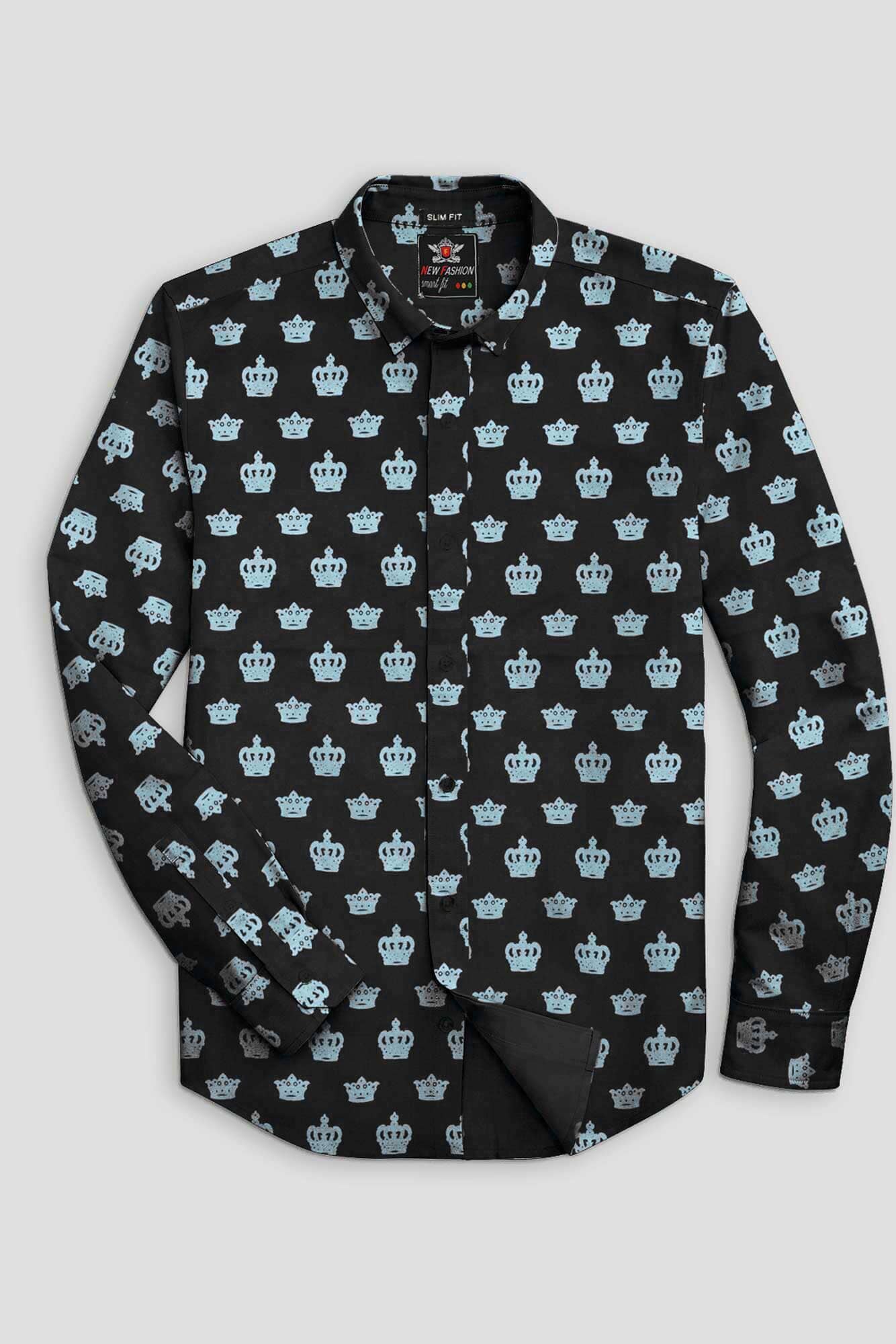 Fashion Men's Crown Printed Design Slim Fit Casual Shirt Men's Casual Shirt First Choice Black & Turquoise S 