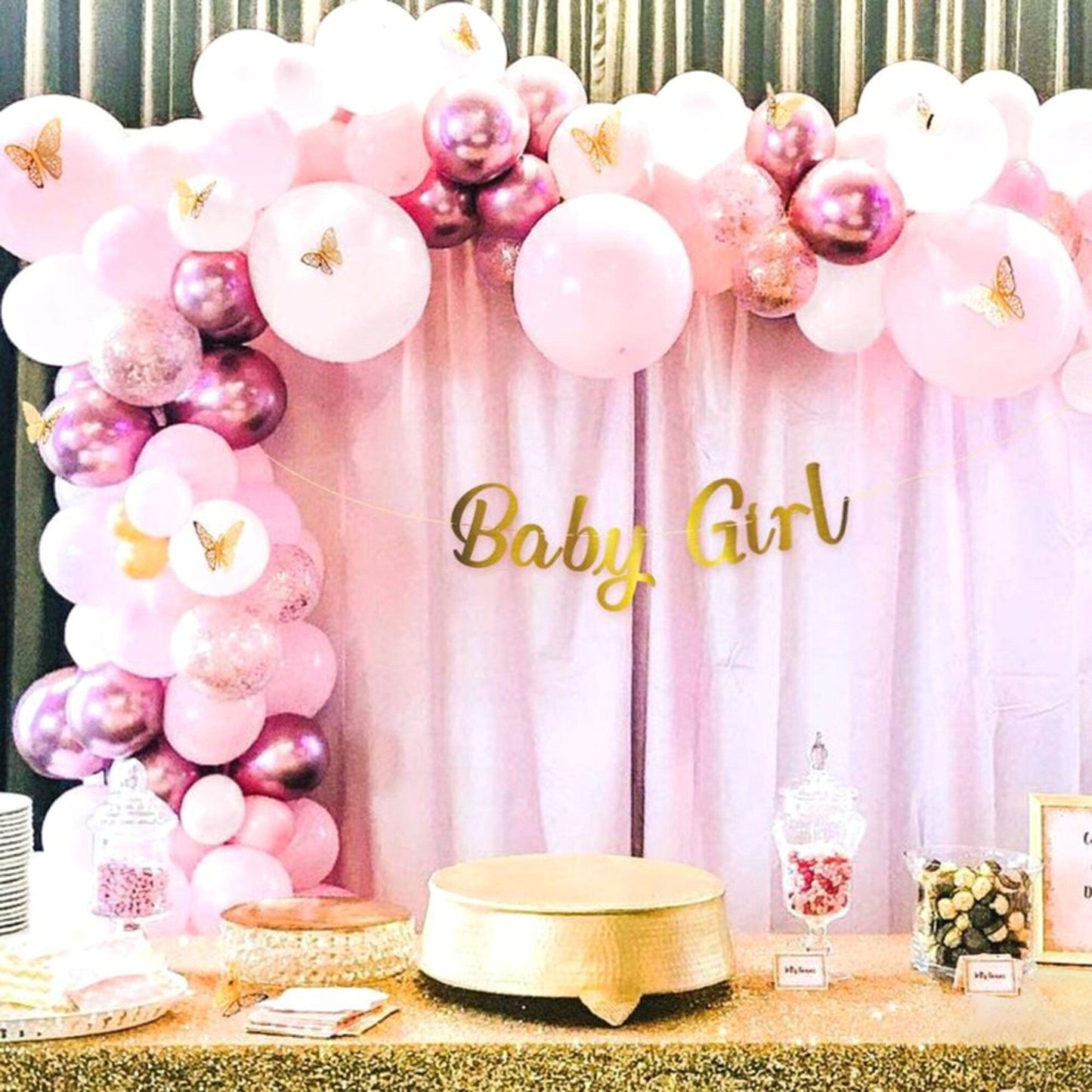 Baby Girl's Celebration Kit: Pink Balloons 🎈, Gold Butterflies 🦋 & 'Baby Girl' Banner 🏷️ Set