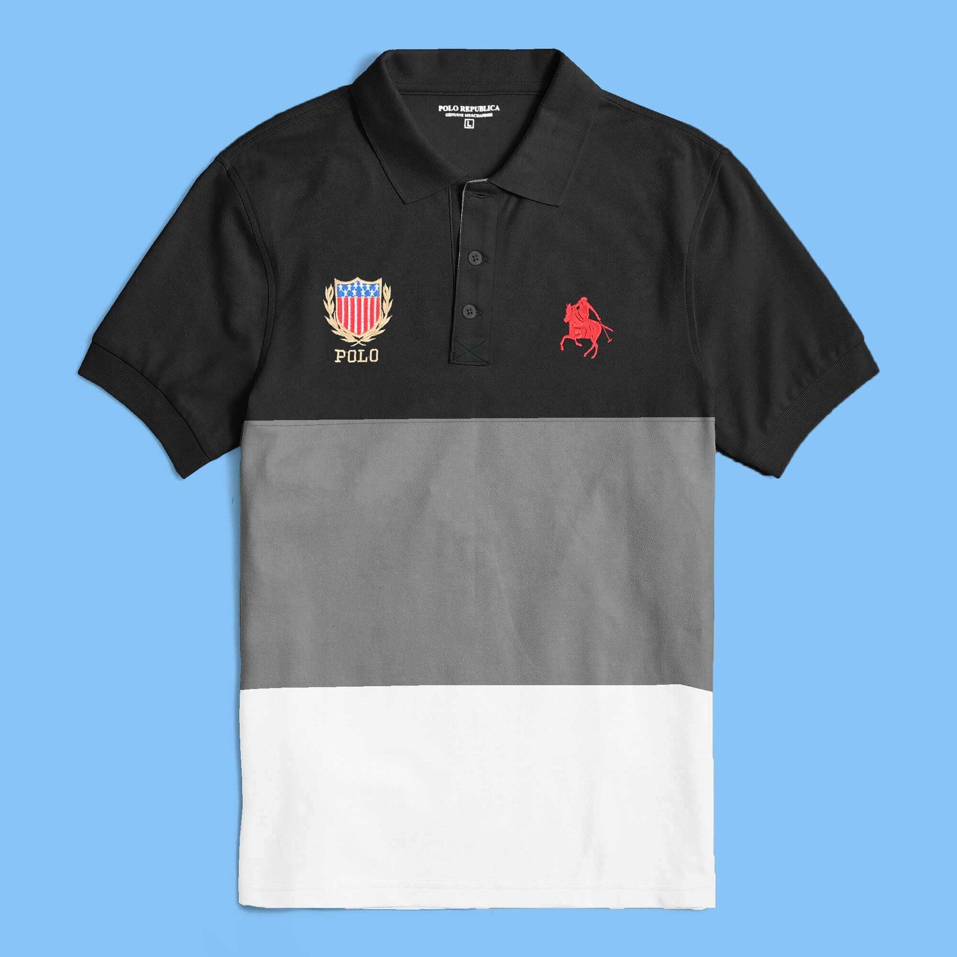 Polo Republica Men's Horse Polo & Crest Embroidered Contrast Panels Style Polo Shirt Men's Polo Shirt Polo Republica 