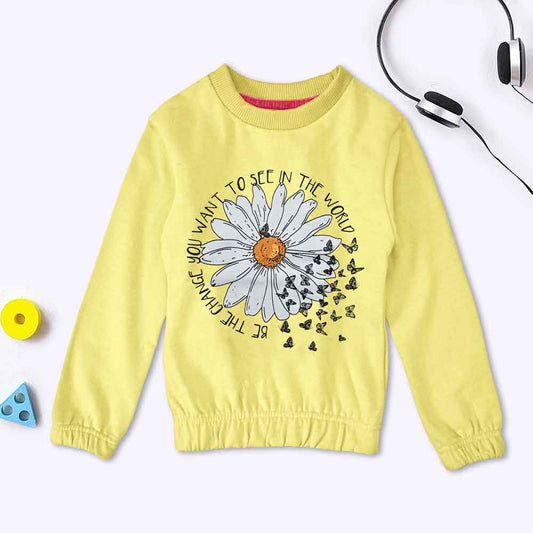 Lyallpur Girl's Sun Flower Printed Terry Sweat Shirt Girl's Sweat Shirt LFS Yellow 2 Years 