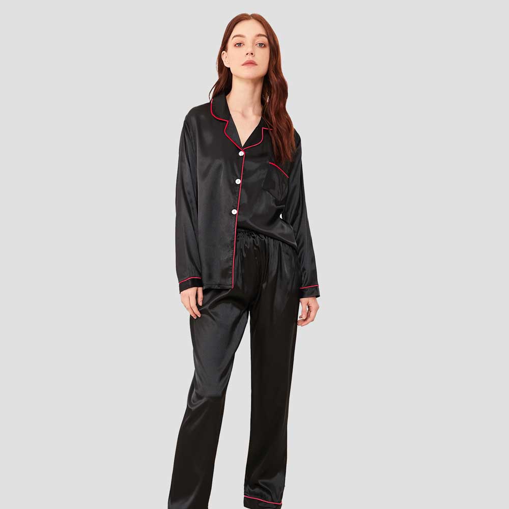 FK Women’s Lapel Style Silk Fancy Night Suit Women's Sleep Wear FKG Black S 