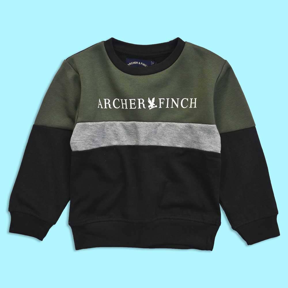 Archer & Finch Kid's Panel Design Logo Printed Sweat Shirt Boy's Sweat Shirt LFS Olive & Black 3-4 Years 