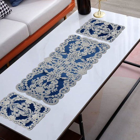 Floral Design Fancy Table Mat Set Placemat - 3 pcs Table Runner De Artistic Blue 