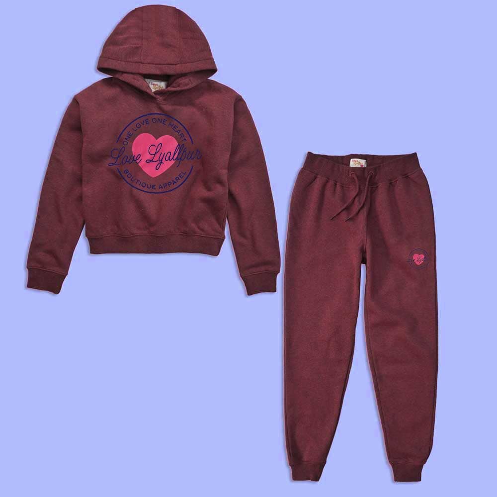 Love Lyallpur Girl's Heart Printed Fleece Hooded Crop Top Suit Girl's Tracksuit LFS Burgundy & Blue 8-10 Years 