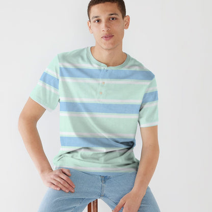 Max 21 Men's Stripes Style Short Sleeve Henley Shirt Men's Tee Shirt SZK Turquoise S 