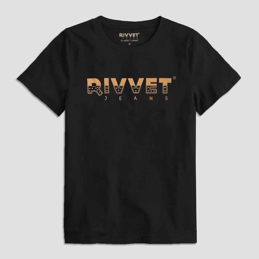 Rivvet Women's Embellish Style Logo Printed Short Sleeve Tee Shirt Women's Tee Shirt RTJ Black S 