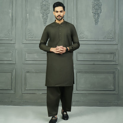 Velvour Men's Bursa Collar Embroidered Stitched Suit Kurta With Shalwar Men's Kurta YTC Dark Olive S 