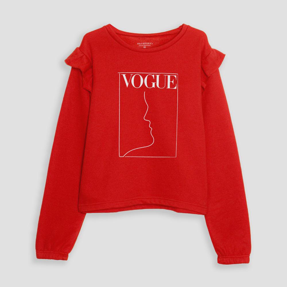 Polo Republica Women's Frill Shoulder Vogue Printed Fleece Sweatshirt Women's Sweat Shirt Polo Republica Red XS 