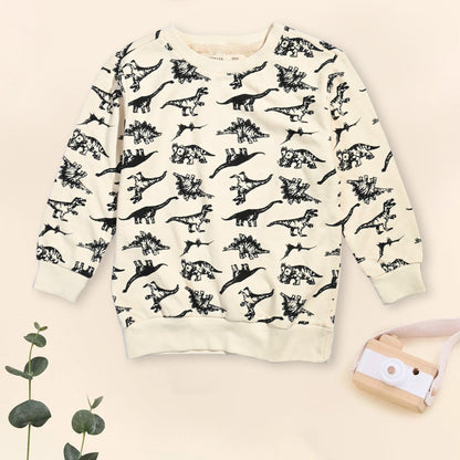 Trestles Kid's Dinosaur Printed Long Sleeve Fleece Sweatshirt Boy's Sweat Shirt Minhas Garments Cream 2 Years 