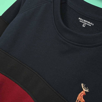 Polo Republica Men's Panel Design Moose Embroidered Terry Sweat Shirt Men's Sweat Shirt Polo Republica 