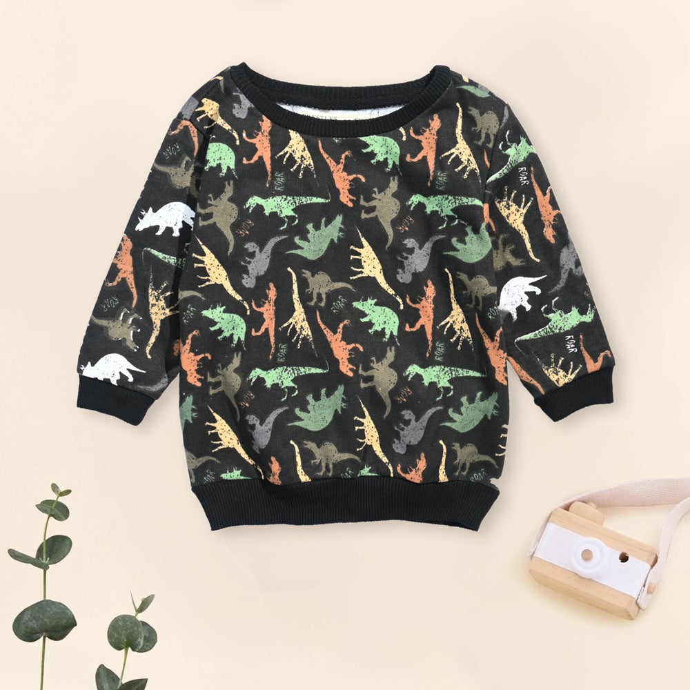 Trestles Kid's Dinosaur Printed Long Sleeve Fleece Sweatshirt Boy's Sweat Shirt Minhas Garments Black 2 Years 