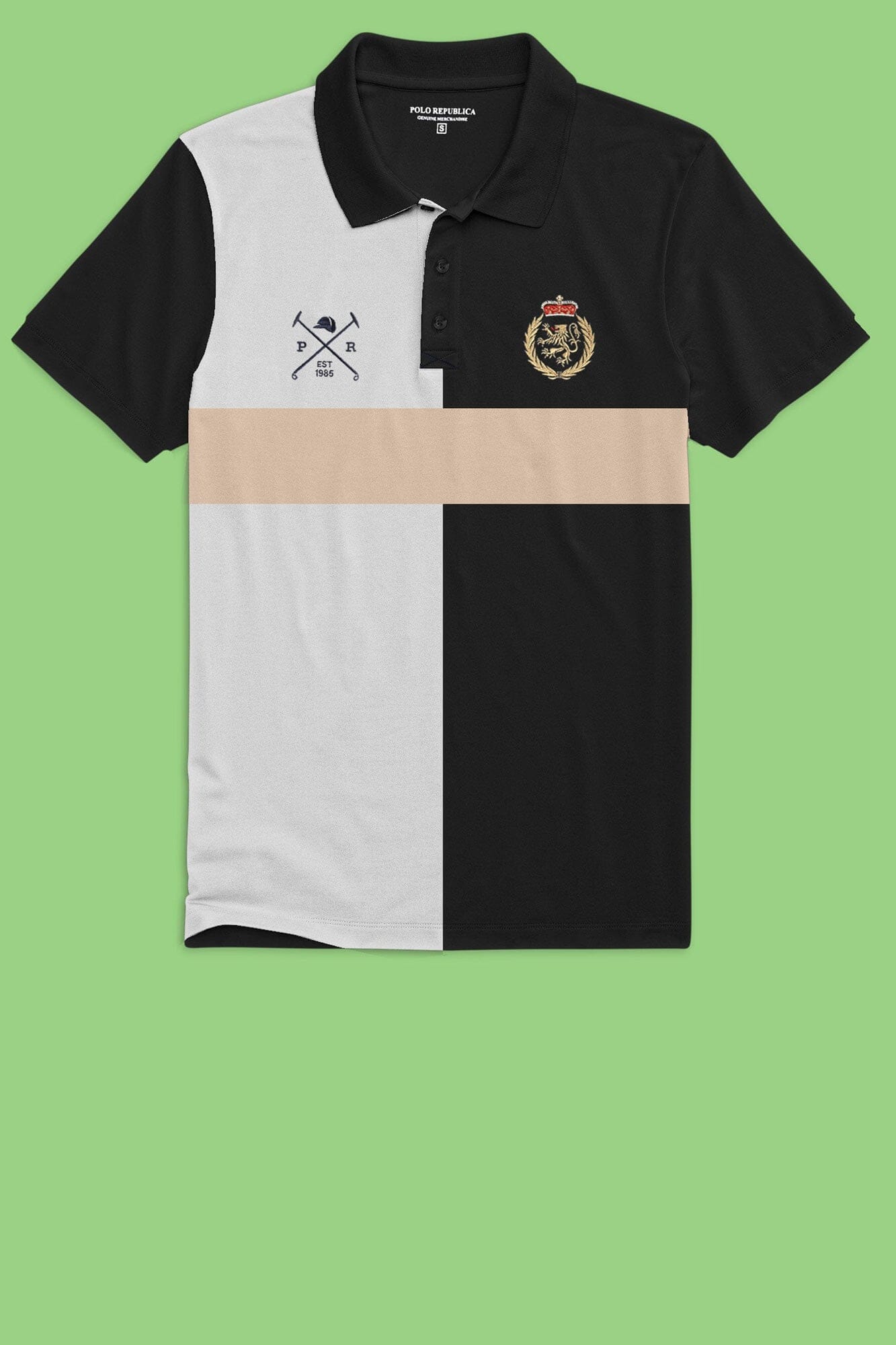Polo Republica Men's Lion Crest & Mallets Embroidered Polo Shirt Men's Polo Shirt Polo Republica Black & White S 