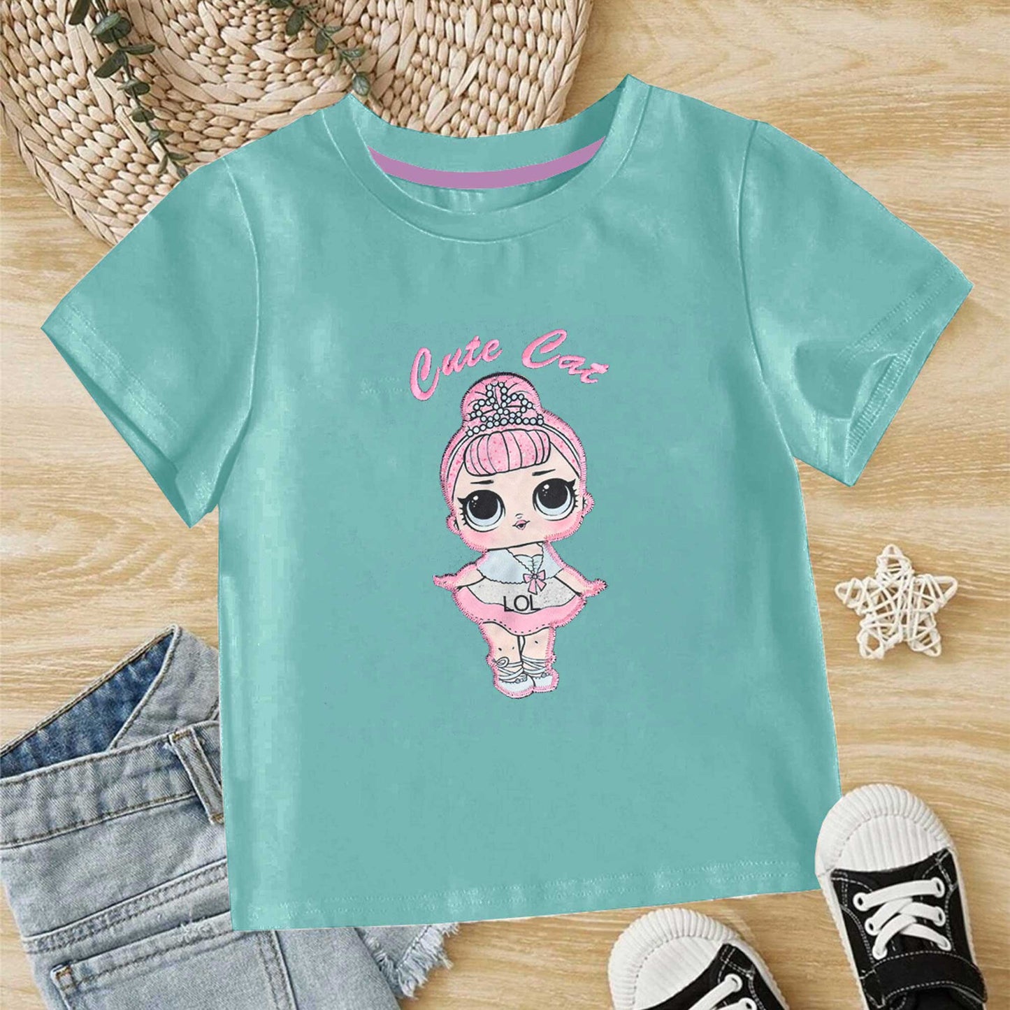 Junior Kid's Cute Cat Printed Tee Shirt Girl's Tee Shirt SZK Turquoise 3-6 Months 