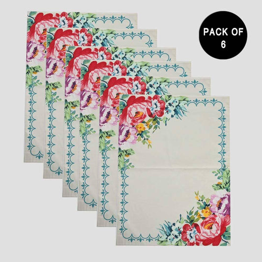 Floral Printed Table Mat- Pack of 6 Table Runner De Artistic White & Turquoise 