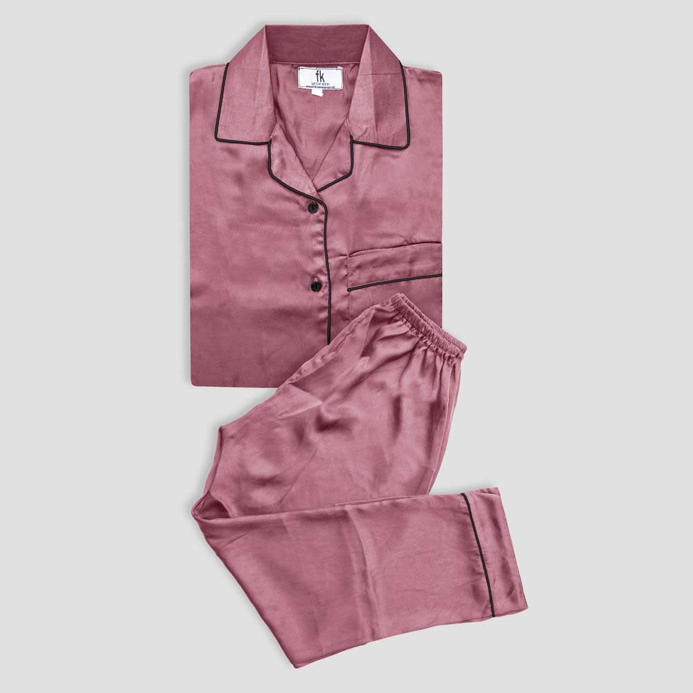 FK Women’s Lapel Style Silk Fancy Night Suit Women's Sleep Wear FKG Pink S 