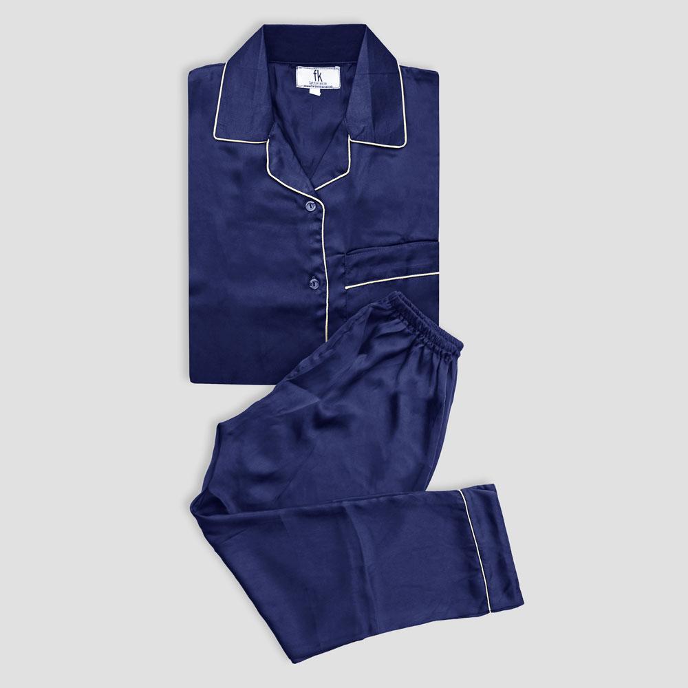 FK Women’s Lapel Style Silk Fancy Night Suit Women's Sleep Wear FKG Blue S 
