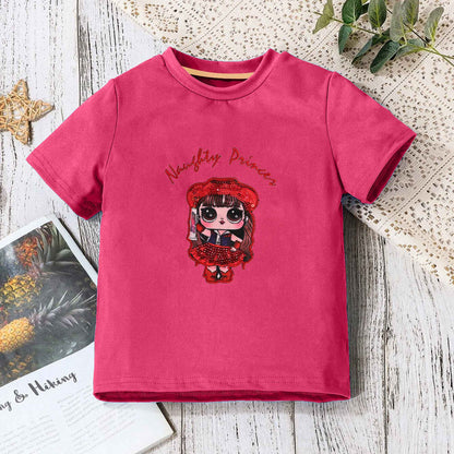 Junior Kid's Naugty Princes Embellish Tee Shirt Girl's Tee Shirt SZK Magenta 3-6 Months 