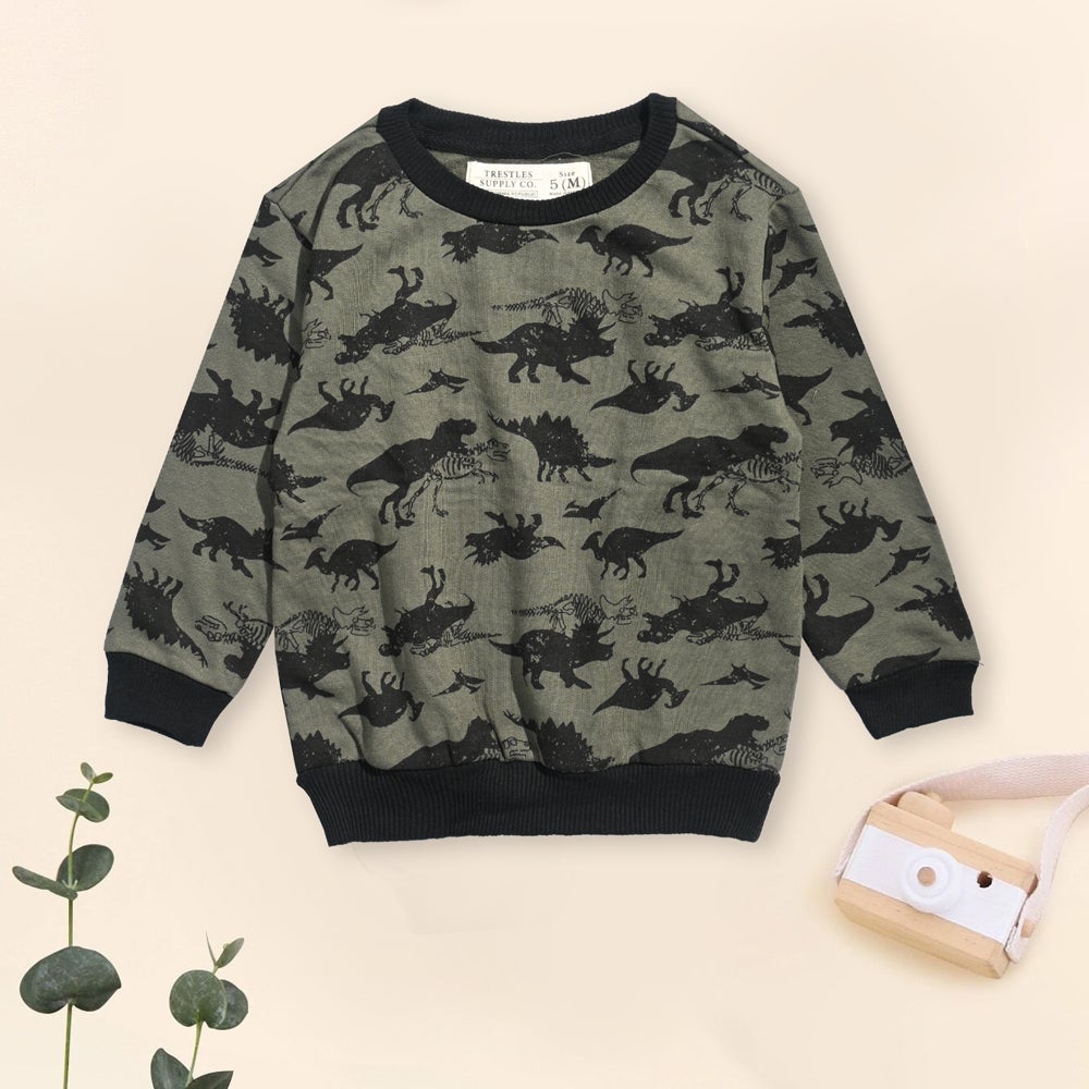 Trestles Kid's Dinosaur Printed Long Sleeve Fleece Sweatshirt Boy's Sweat Shirt Minhas Garments Olive & Black 2 Years 