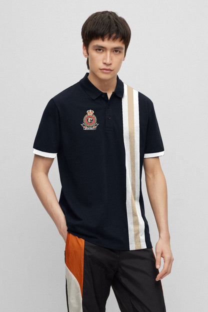 Polo Republica Men's Crest Embroidered Contrast Stripe Panel Polo Shirt Men's Polo Shirt Polo Republica Navy & Skin S 