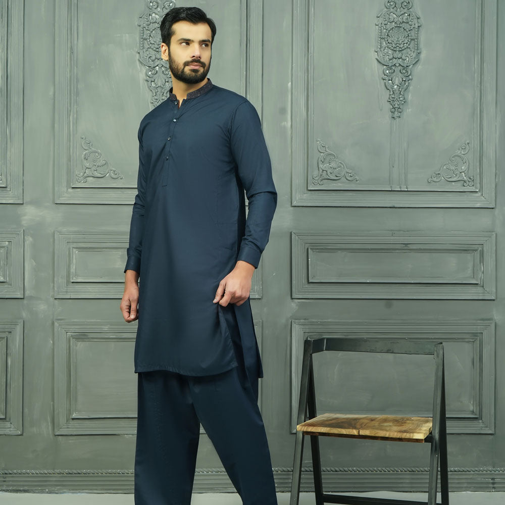 Velvour Men's Bursa Collar Embroidered Stitched Suit Kurta With Shalwar Men's Kurta YTC 