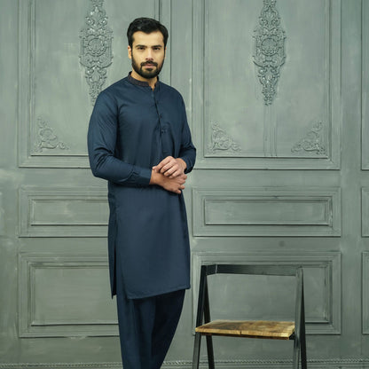 Velvour Men's Bursa Collar Embroidered Stitched Suit Kurta With Shalwar Men's Kurta YTC Navy S 