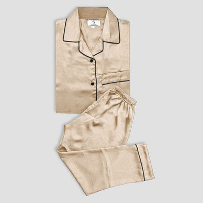 FK Women’s Lapel Style Silk Fancy Night Suit Women's Sleep Wear FKG Beige S 