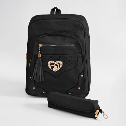 Women's Heart Design Tassel PU Leather Backpack Hand Bag SMC Black 