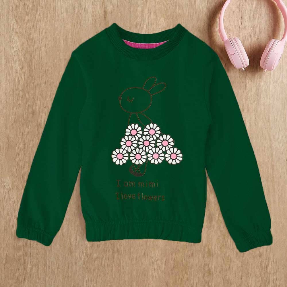 Lyallpur Girl's I Love Flower Printed Sweat Shirt Girl's Sweat Shirt LFS Bottle Green & Black 2 Years 